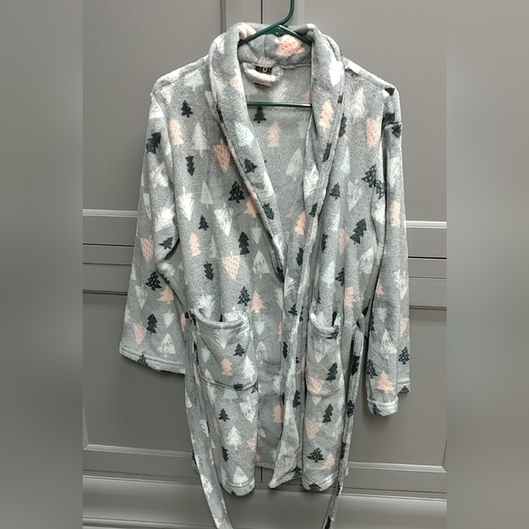 Plush Robe Tree Design Ladies Small w/ Pockets Belt Gray Black Pink Green White - Picture 9 of 16